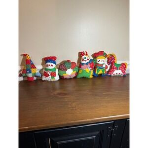 Vintage Handmade Fabric Christmas Ornaments Set of 6 Snowman Tree Clown Horse